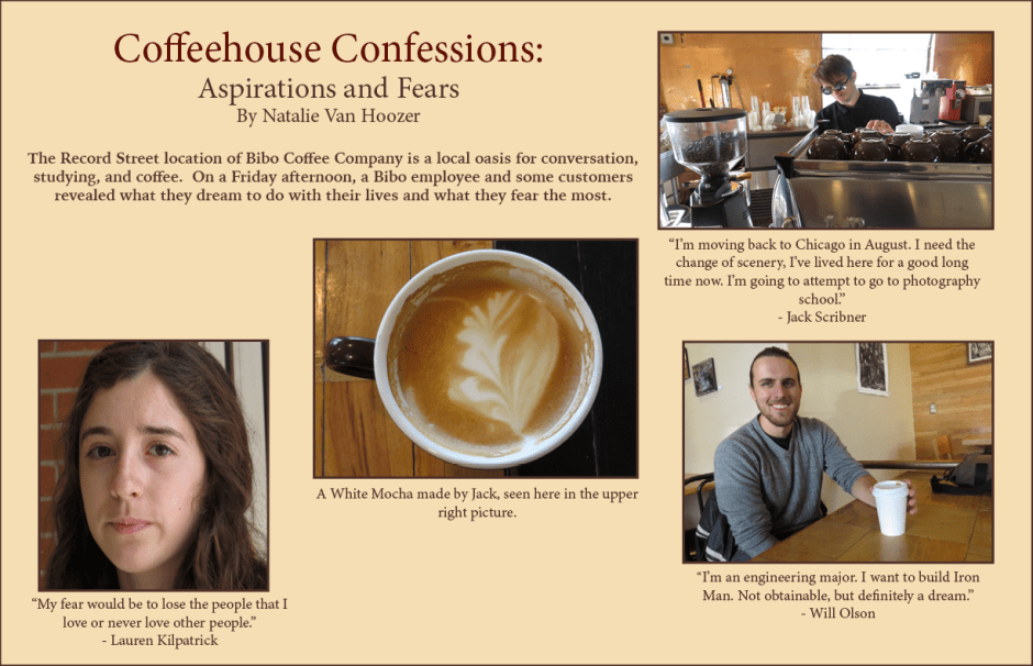Collage created using InDesign, photos and interviews from Bibo Coffee Company April 24, 2015.